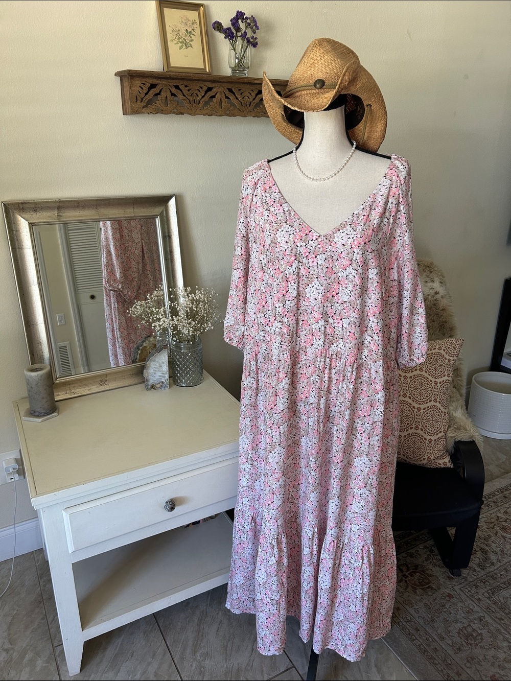 H&M brown tan cream, pink floral cottage V-neck tiered summer maxi dress XL - Picture 2 of 15